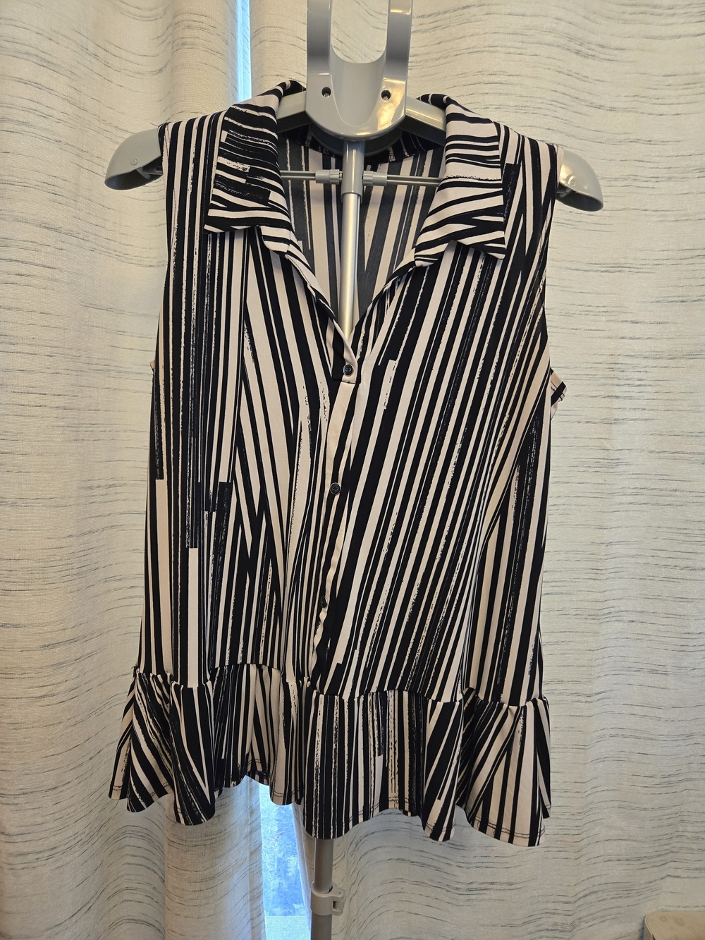Susan Lawrence Black & White Striped Sleeveless Peplum Blouse Size L